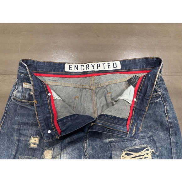 Encrypted Supply Co Mens Distressed Patchwork Straight Leg Blue Jeans 37x32 - Picture 10 of 16